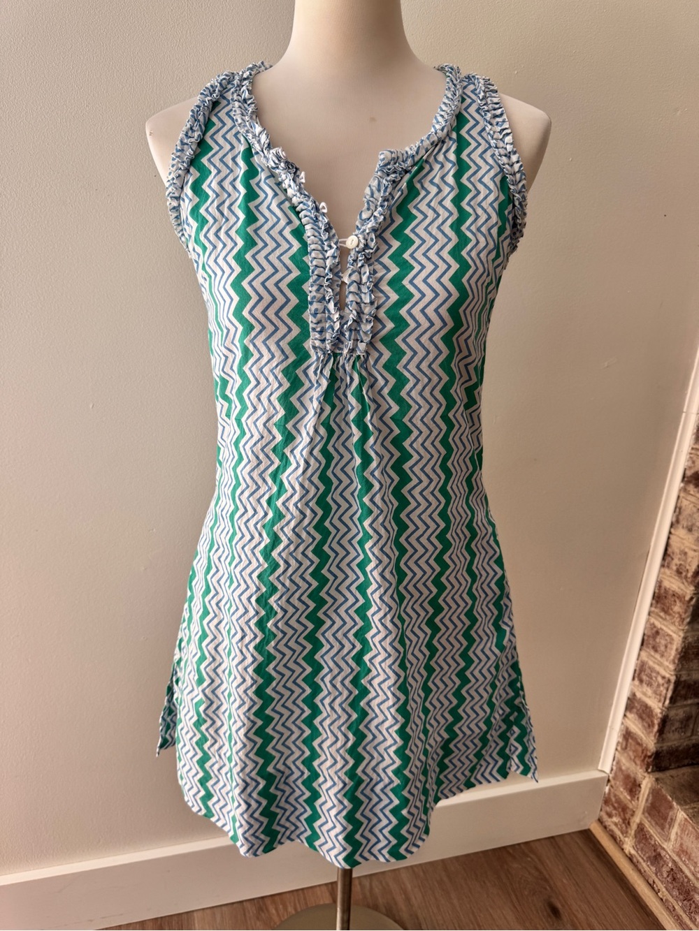 Gretchen Scott XS Cotton Tunic Dress Blue Green Zigzag Ruffle Pockets